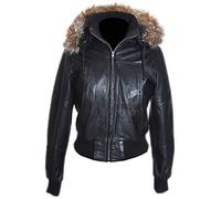 H.E Matilda Black Ladies Classic Bomber Detachable Fur Hood Real Italian Lambskin Leather Winter Hooded Jacket (Sizes: 8 to 22 Available) (Size: 12)