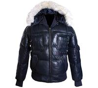H.E Pilot 6 Lockheed Puffer Navy Blue Men's New Detachable Fur Hood Real Soft Lambskin Bomber Winter Hooded Leather Jacket (SIZES: XS TO 5XL Available) (XXL)