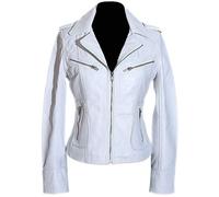 H.E Rachel White Ladies Biker Style Smart Retro Designer Real Soft Washed Lambskin Leather Short Fashion Jacket (Sizes: 8 to 22 Available) (Size: 14)