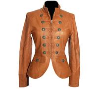H.E Scarlett Tan Ladies Steampunk Military Style Designer Retro Smart Casual Real Soft Lambskin Leather Fashion Jacket (Sizes: 8 to 22 Available) (Size: 14)