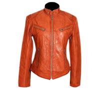 H.E Sienna Orange Ladies Women's Biker Style Retro Designer Real Soft Washed Lambskin Leather Fashion Jacket (Sizes: 8 to 22 Available) (Size: 18)