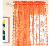 H.ebony Orange Sheer Curtains 96 Inches Long, Country Rustic Floral Patterned Fall Lace Curtains for Living Room, Rod Pocket Privacy Lace Sheer Window Curtains, 52 x 96 Inch, 2 Panels, Orange