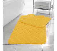 H&F Blocks Bath Memory Foam Bathroom Mat Set 2 Piece Soft Non-Slip Bath Mat 50x80cm and 50x40cm Machine Washable Pedestal Bathroom Rug Extra Absorbent Quick Drying Bathroom Floor Mats (Ochre)