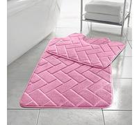 H&F Blocks Bath Memory Foam Bathroom Mat Set 2 Piece Soft Non-Slip Bath Mat 50x80cm and 50x40cm Machine Washable Pedestal Bathroom Rug Extra Absorbent Quick Drying Bathroom Floor Mats (Pink)