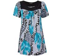 H&F Girl ® New Women Ladies Plus Size Short Sleeves Stretch Round Scoop Neckline Floral Print Long Smock Tunic T-Shirt Top Size UK 14 16 18 20 22-24 26-28