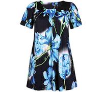 H&F Girl ® New Women Ladies Plus Size Short Sleeves Stretch Round Scoop Neckline Floral Print Long Smock Tunic T-Shirt Top Size UK 14 16 18 20 22-24 26-28