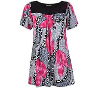 H&F Girl ® New Women Ladies Plus Size Short Sleeves Stretch Round Scoop Neckline Floral Print Long Smock Tunic T-Shirt Top Size UK 14 16 18 20 22-24 26-28