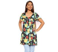 H&F Girls ® New Women Ladies Plus Size Short Sleeves Stretch Round Scoop Neckline Floral Print Long Smock Tunic T-Shirt Top Size UK 14 16 18 20 22-24 26-28 (Black Yellow Rose, 22-24)