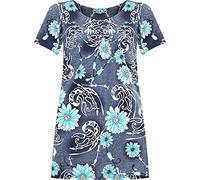 H&F Girls ® New Women Ladies Plus Size Short Sleeves Stretch Round Scoop Neckline Floral Print Long Smock Tunic T-Shirt Top Size UK 14 16 18 20 22-24 26-28 (Denim Floral Turquiose, 18)