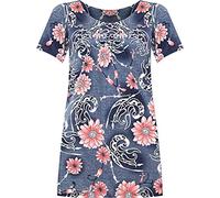 H&F Girls ® New Women Ladies Plus Size Short Sleeves Stretch Round Scoop Neckline Floral Print Long Smock Tunic T-Shirt Top Size UK 14 16 18 20 22-24 26-28 (Denim Floral Pink, 16)