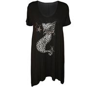 H&F Girls Women Ladies Cat Print Studded Plain Stretchy Asymmetric Cap Sleeve Scoop Round Neck Hanky Hem Flared Swing Tunic T Shirt Top Plus Size 12 14 16 18 20 22 24 26 28 30 XL XXL XXXL XXXXL