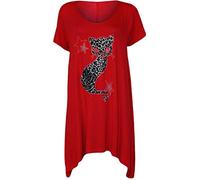 H&F Girls Women Ladies Cat Print Studded Plain Stretchy Asymmetric Cap Sleeve Scoop Round Neck Hanky Hem Flared Swing Tunic T Shirt Top Plus Size 12 14 16 18 20 22 24 26 28 30 XL XXL XXXL XXXXL