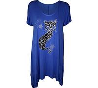 H&F Girls Women Ladies Cat Print Studded Plain Stretchy Asymmetric Cap Sleeve Scoop Round Neck Hanky Hem Flared Swing Tunic T Shirt Top Plus Size 12 14 16 18 20 22 24 26 28 30 XL XXL XXXL XXXXL Blue