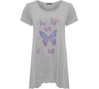 H&F Girls ® Women’s Ladies Diamante 6 Butterfly Hanky Hem Flared Swing Uneven Short Cap Sleeve Summer Collection Top T-Shirt Truly Plus Size 14 16 18 20 22 24 26 28 30 XL XXL XXXL 4XL Grey