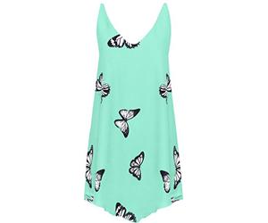 H&F Ladies Women Double Layered Round Scoop Neck Sleeveless Chiffon Flared Swing Plain Butterfly Print Dip Hem Vest Tank Top Shirt Truly Plus Mint