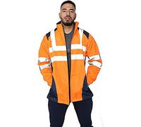 H&F@ Men’s Hi Vis High Visibility Rain Jacket Waterproof Two Tone Patched Storm Jacket Safety Workwear Security Wear Reflective Tape Band Safety Zipper Hooded Top Lightweight (S, Orange)