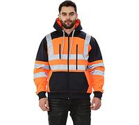 H&F Men’s Hi Vis Hoodie with Reflective Tape Long Sleeve Full Zip & Pullover Fleece Hooded Safety Security Wear Warm Size S-5XL (UK, Alpha, XXL, Regular, Regular, Tablet Zip Orange Navy)