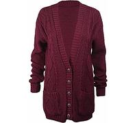H&F New Women’s Ladies Long Sleeves Chunky Aran Cable Knitted Button Grandad Cardigan Plus Size 8-26 (16-18, Wine)