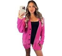 H&F New Women’s Ladies Long Sleeves Chunky Aran Cable Knitted Button Grandad Cardigan Plus Size 8-26(20-22) Cerise