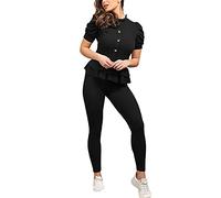 H&F ® Women Ladies Short Sleeve Good Button Frill Peplum Loungewear Tracksuit Set-Size 8 12 14 16 18 20 22 (Black, numeric_14)