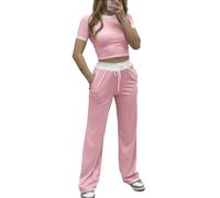 H&F Women’s Contrast Ribbed Crop Top & Trouser Set Ladies 2 Pcs Short Sleeve Cropped T-Shirt & Loose Fit Bottom Pants Co-Ord Tracksuit Set UK Size SM-XL, (Baby Pink, ML)
