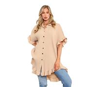 H&F Women’s Crinkle Pleated Short Ruffle Sleeve Frill Hem Gold Italian Button Casual Loose Fit Summer Mini Dress One Size Fits 8-22 (Mocha)