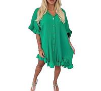 H&F Women’s Crinkle Pleated Short Ruffle Sleeve Frill Hem Gold Italian Button Casual Loose Fit Summer Mini Dress One Size Fits 8-22 (Jade Green)