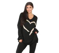 H&F Women’s Italian Knitted Oversized Lagenlook Outline Heart Jumper Long Sleeve Round Neck Loose Fit Winter Hi Lo Sweater Top One Size Fit (Black)