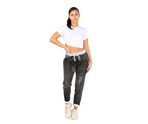 H&F Women’s Italian Stripe Denim Jogger Sweatpants Ribbed Waistband Trousers Ladies Plain Causal Summer Jogger Gym Running Pants Size 8-22