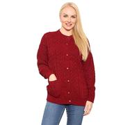 H&F Women’s Long Sleeve Matching Button Open Front Aran Knit Crew Neck Chunky Cable Knit Cardigan Lightweight Winter Grandad Jumper Cardigan 2 Side Pockets Ladies Top Size 8-22 (16-18, Wine)