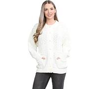 H&F Women’s Long Sleeve Matching Button Open Front Aran Knit Crew Neck Chunky Cable Knit Cardigan Lightweight Winter Grandad Jumper Cardigan 2 Side Pockets Ladies Top Size 8-22 (12-14, Cream)