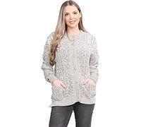 H&F Women’s Long Sleeve Matching Button Open Front Aran Knit Crew Neck Chunky Cable Knit Cardigan Lightweight Winter Grandad Jumper Cardigan 2 Side Pockets Ladies Top Size 8-22 (8-10, Marl Beige)