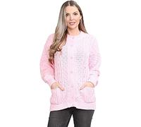 H&F Women’s Long Sleeve Matching Button Open Front Aran Knit Crew Neck Chunky Cable Knit Cardigan Lightweight Winter Grandad Jumper Cardigan 2 Side Pockets Ladies Top Size 8-22 (16-18, Baby Pink)