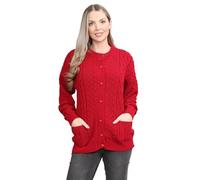 H&F Women’s Long Sleeve Matching Button Open Front Aran Knit Crew Neck Chunky Cable Knit Cardigan Lightweight Winter Grandad Jumper Cardigan 2 Side Pockets Ladies Top Size 8-22 (12-14, Red)