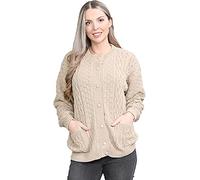 H&F Women’s Long Sleeve Matching Button Open Front Aran Knit Crew Neck Chunky Cable Knit Cardigan Lightweight Winter Grandad Jumper Cardigan 2 Side Pockets Ladies Top Size 8-22 (12-14, Beige)