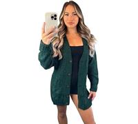 H&F New Women’s Ladies Long Sleeves Chunky Aran Cable Knitted Button Grandad Cardigan Plus Size 8-26 (12-14, Bottle Green)