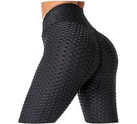 H&F Women's Honeycomb Leggings Ruched Butt Lifting High Waist Yoga Pants Chic with Pockets Sport Tummy Control Gym (Black, S-M)