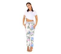 H&F Women's Italian Printed Denim Jogger Sweatpants with Ribbed Waistband Casual Summer Trousers for Gym & Running Sizes 8-22 (UK, Numeric, 8, 14, Regular, Regular, Pink Blue Leaf Floral)