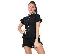 H&F ® Womens Ladies Fine Ribbed Short Sleeve Frill Button Shorts Set Co ord Loungewear Size-8 10 12 14 (Black, 8)