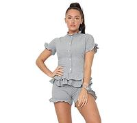 H&F ® Womens Ladies Fine Ribbed Short Sleeve Frill Button Shorts Set Co ord Loungewear Size-8 10 12 14 (Grey, 8)