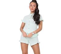 H&F ® Womens Ladies Fine Ribbed Short Sleeve Frill Button Shorts Set Co ord Loungewear Size-8 10 12 14 (Mint, 8)
