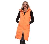 H&F Women's Ladies Long Quilted Gilet Jacket Longline Sleeveless Thick Hooded Side Zip Down Lightweight Ladies Long Coat Bodywarmer Outdoor Gilet Padded Waistcoat Size S-3XL (Neon Orange, M)