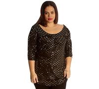 H&F Womens Ladies Scoop Round Neck 3/4 Sleeve Plain Sparkling Glitter Shiny Sequins Party Night Out Club wear Top Shirt Dress Truly Plus Size 14-28 Gold