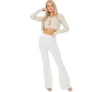 H&F Womens Plain Wide Leg Flared Trousers Scrunch Back Soft Ribbed Stretch Slinky High Waist Casual Bell Bottom Ruched Bum Ladies Elasticated Waist Jersey Pants Size 6-12 (10, Cream)