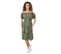 H&F Women's Short Sleeve Off Shoulder Pleated Italian Summer Dress Elasticated Waist Tiered Ladies Casual Knee Length Midi Dress One Size Fit UK 8-20, (Khaki)