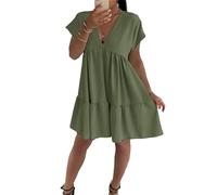 H&F Women's Short Sleeve V Neck Italian Summer Wear Pleated Smock Swing Dress, Ladies Casual Knee Length Midi Dress OneSize 8-22 (Khaki)
