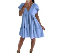 H&F Women's Short Sleeve V Neck Italian Summer Wear Pleated Smock Swing Dress, Ladies Casual Knee Length Midi Dress OneSize 8-22 (Sky Blue)