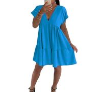 H&F Women's Short Sleeve V Neck Italian Summer Wear Pleated Smock Swing Dress, Ladies Casual Knee Length Midi Dress OneSize 8-22 (Turquoise)