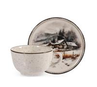 H&H Set of 2 Silent Snow Tea Cups with Saucers, 200 ml - Elegant Stoneware Tea Cups in Winter Design, Perfect for Winter Days & Mountain Houses