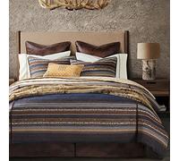 H HIEND ACCENTS Paseo Road Estes Western Bedding 3 Piece Super King Duvet Cover Set, Blue Striped Rustic Cabin Bed Set, Faux Leather Details, Chenille Jacquard Comforter Cover and 2 Pillow Shams